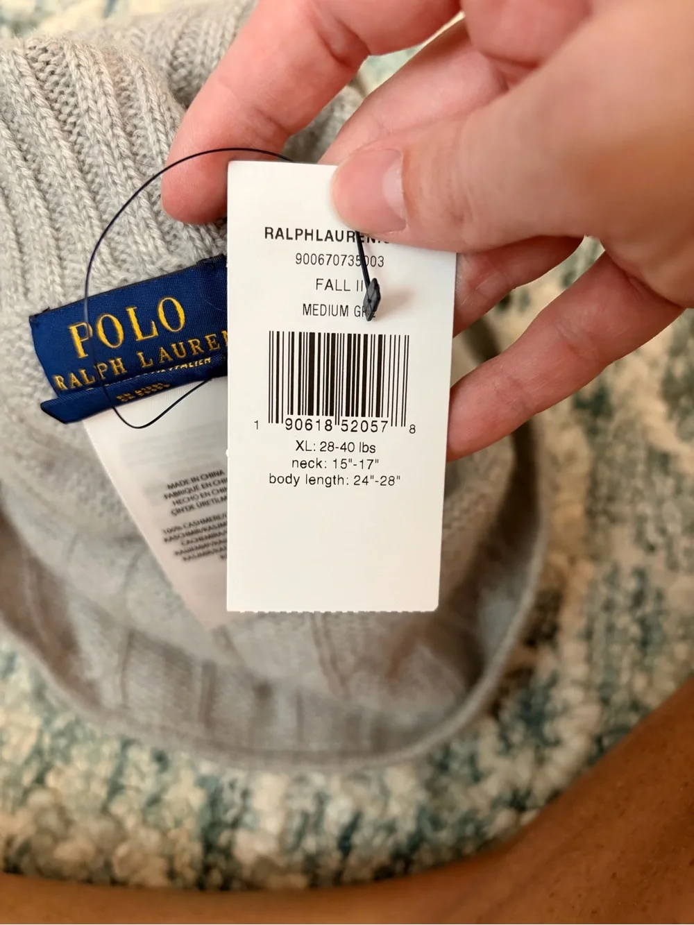 NWT Polo Ralph Lauren Gray Cashmere Pet Cable Knit Sweater Size XL